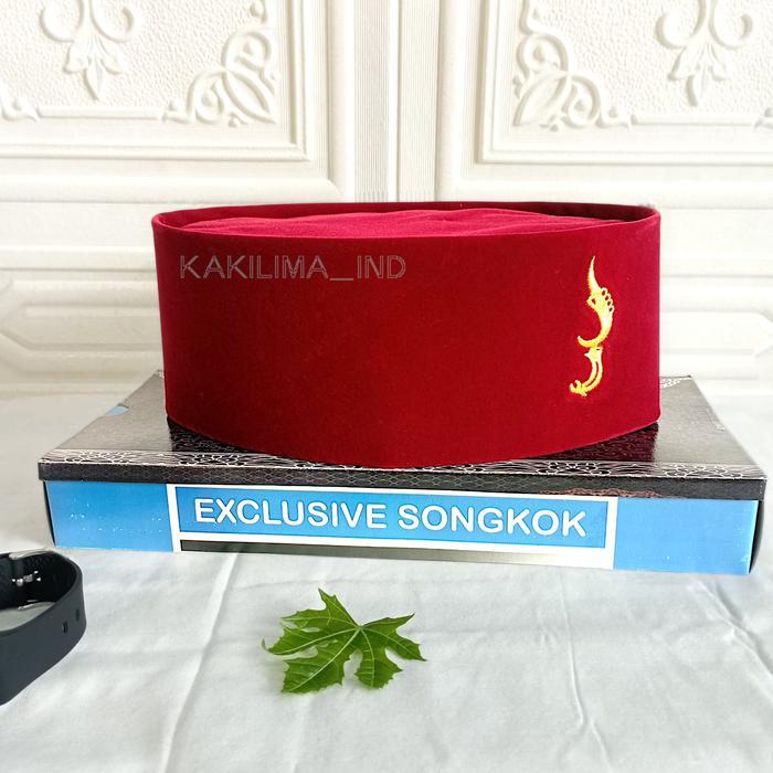 Peci Songkok Kopiah Polos Merah Logo Kujang Motif Bordir Tinggi 9cm Murah Berkualitas - Peci Pria