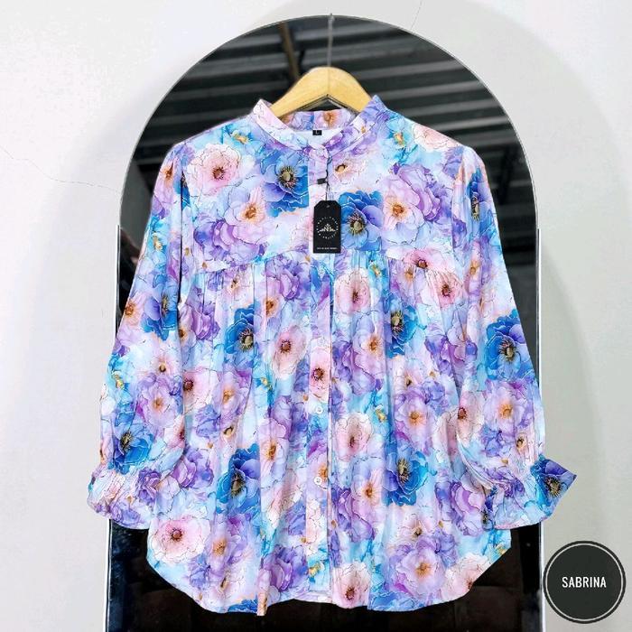 SANIA Alisa Blues Kemeja Wanita Rayon Motif Bunga Elegan dan Nyaman untuk Tampilan Harian