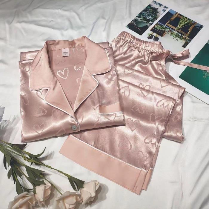 Set Piyama Wanita Satin Motif Love Lengan Panjang Setelan Baju Tidur BTW 10 - Pink, M
