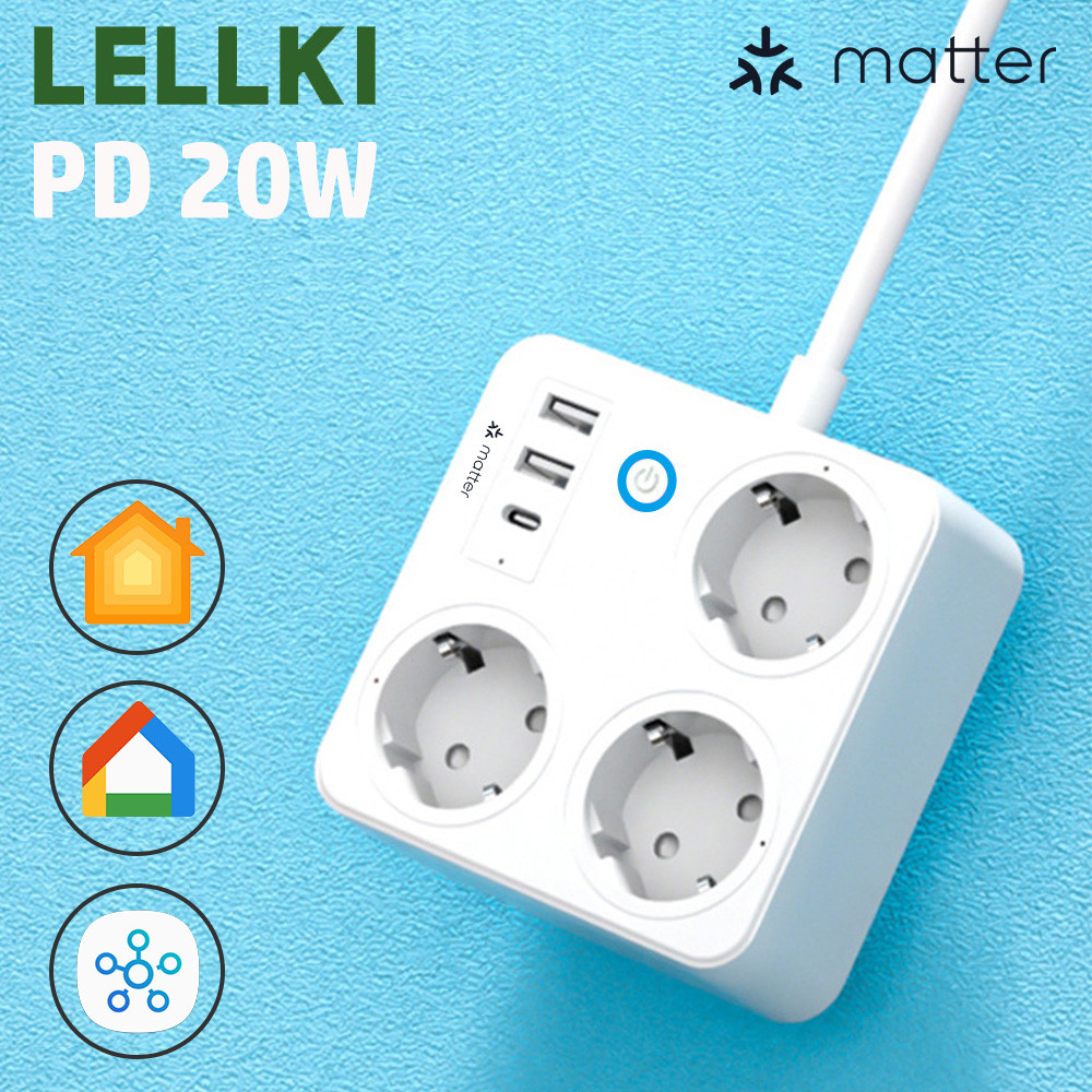 LELLKI Matter Smart Plug Power Strip Timer Outlet 16A EU Socket Extension Power Cord 1.8M