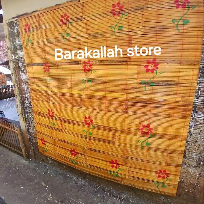 Promo Kerey Kerai Tirai Bambu Gulung Outdoor Luar Teras Rumah Motif Batang Hijau Bunga Merah Terbaru