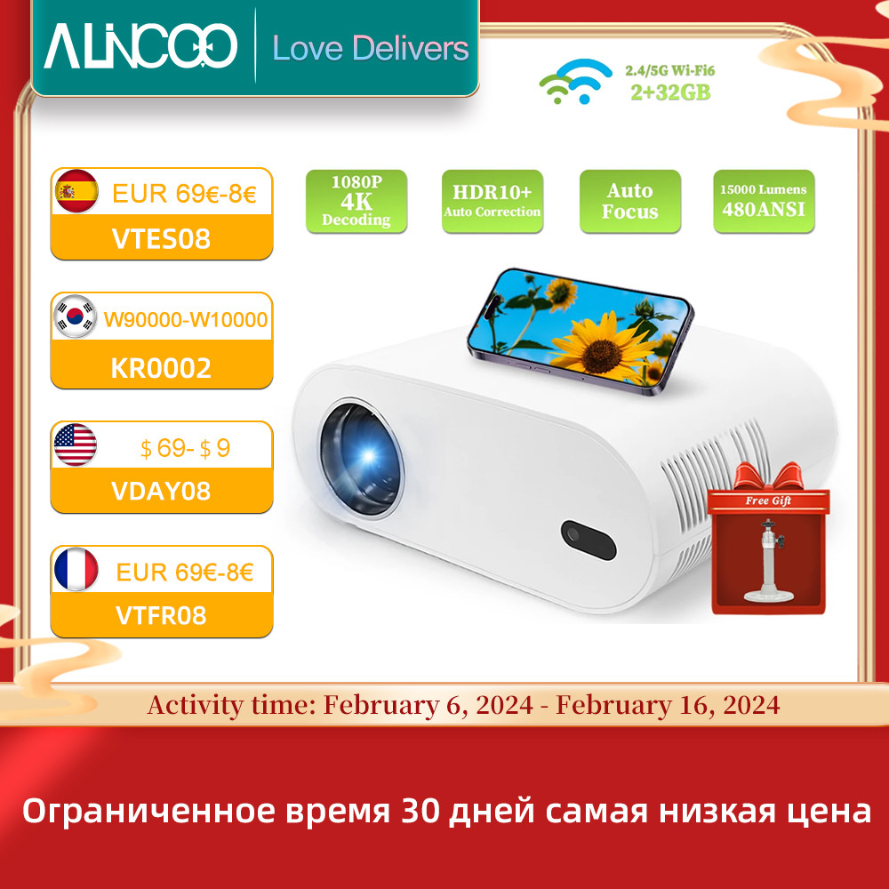 Alincoo D7W Beam Projector1080P Full HD Mini Portable Projector 4K