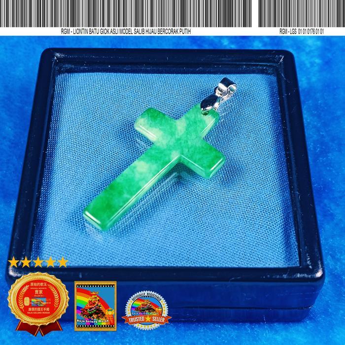 ORIGINAL Liontin batu giok asli salib Hijau bercorak Putih READY STOCK
