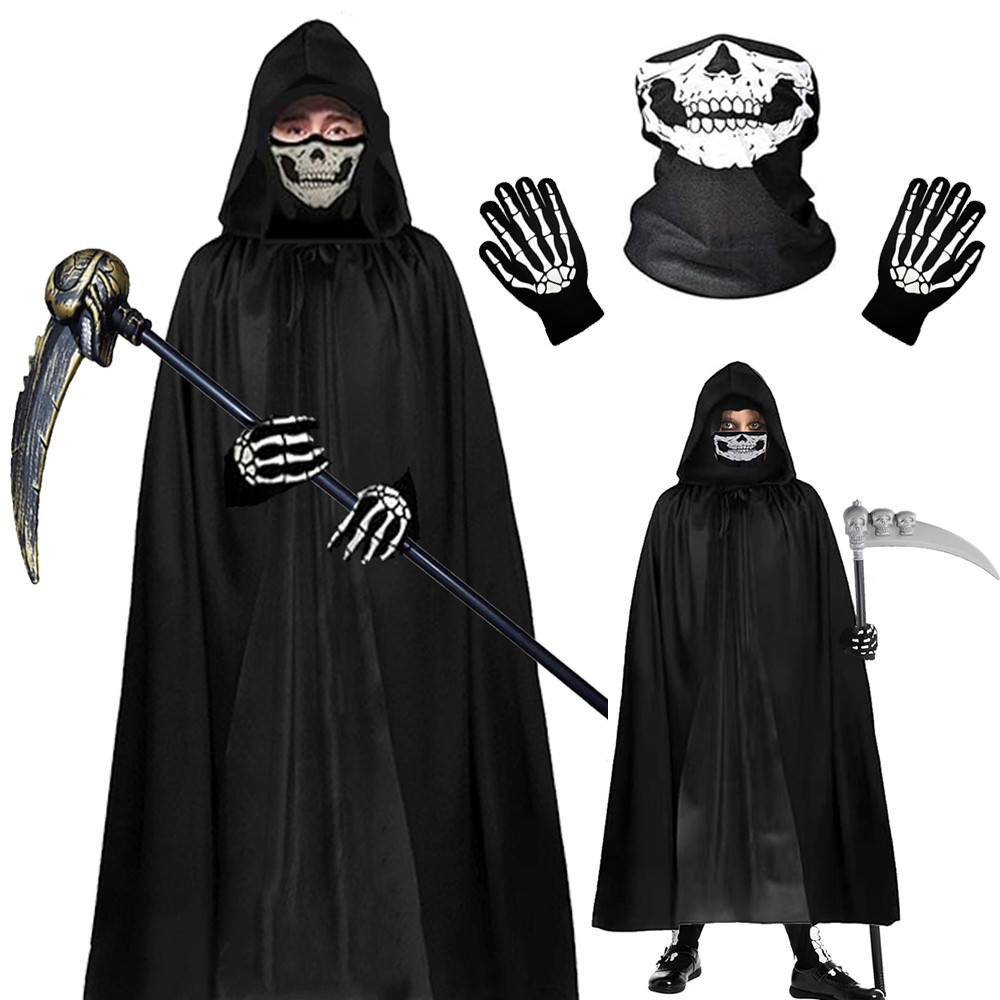 Halloween Horror Pro Grim Reaper Cosplay Ghost Hooded Cape Skull Mask Gloves Scythe Kids Halloween