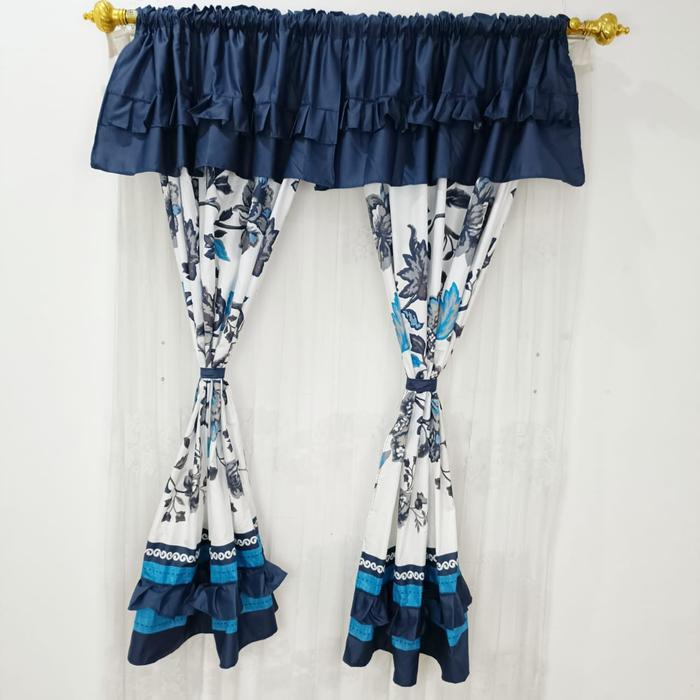 Bl Gorden Jendela - Hordeng Kamar Aesthetic - Korden Serut Tinggi 150 Motif Bunga Biru