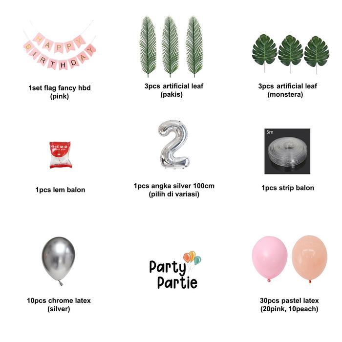 [Arch Set] Flag Leaf Silver Pink Yellow Chain Balloon #Gratisongkir
