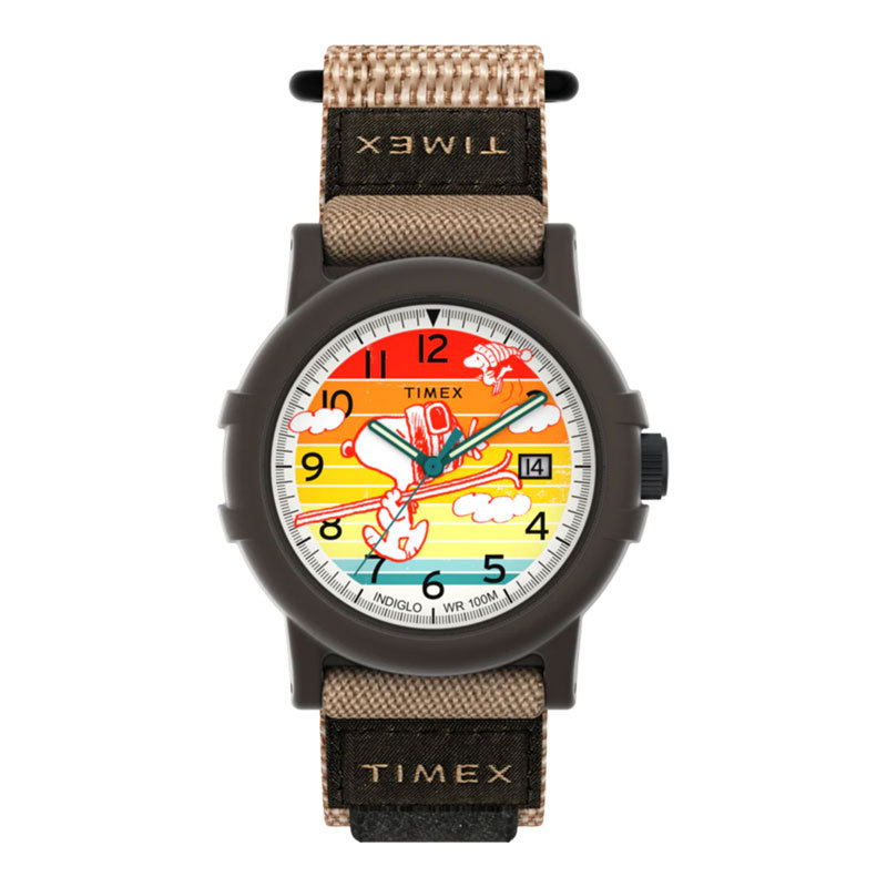 Jam Tangan Wanita Timex X Peanuts Camper Ski TW4B34900 Analog Dial Brown Fabric Strap