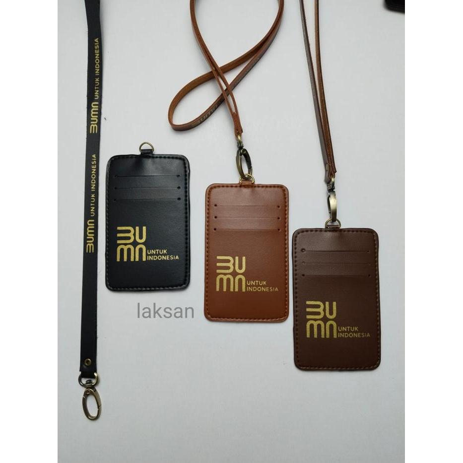 Tempat ID Card BUMN 3K Kulit Gantung Logo BUMN Indonesia 3 Slot Kartu Tali Kulit PU Kualitas Terbaik
