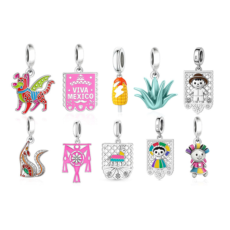 925 Silver Mexican Agave Pinata Donkey Alebrije Dog Wolf Lele Doll Papel Picado Bead Fit Pan Charms