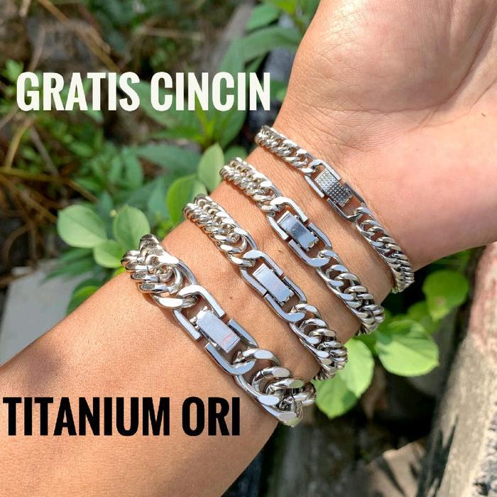 Gelang Rantai Titanium Silver Ori Pengait Klip