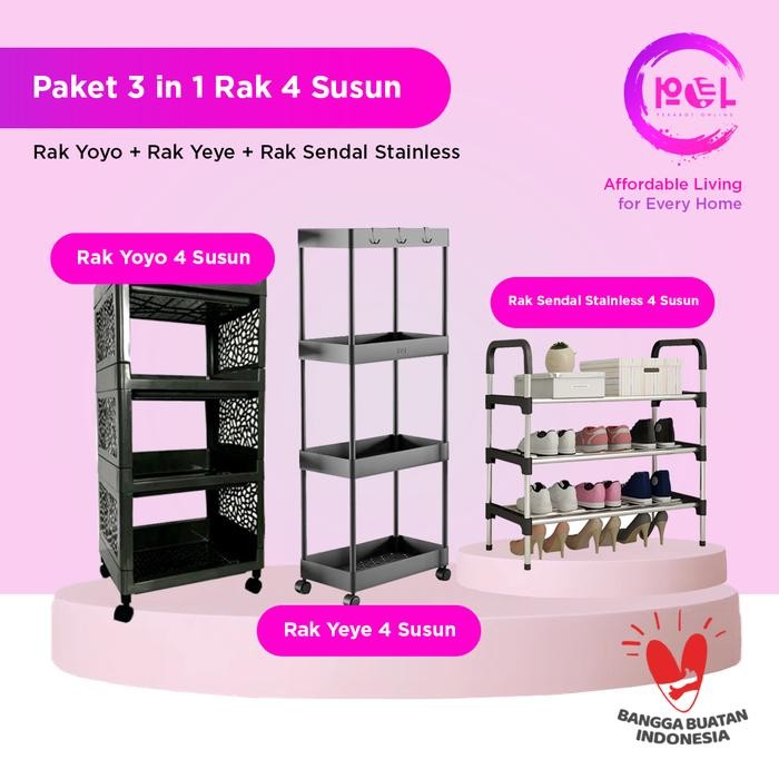 Dekorumaa Furniture - [Pol] Paket Rak 4 Susun 3 In 1 Rak Persegi Dapur 4 Susun + Rak Yoyo 4 Susun +