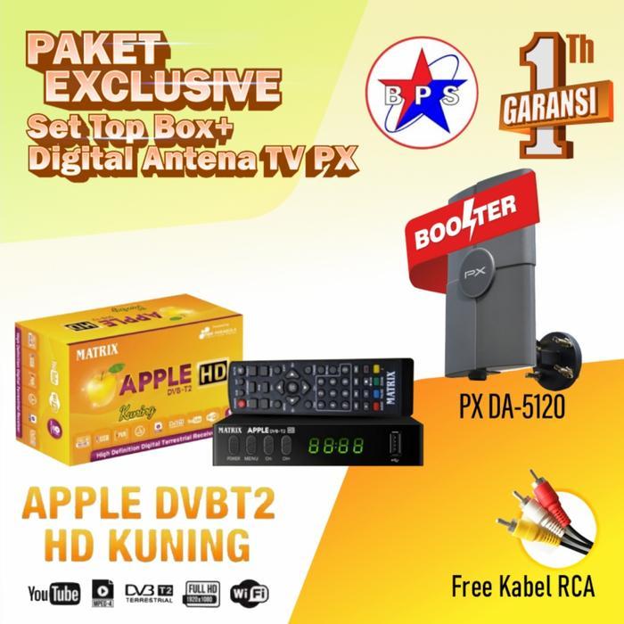 stb dvbt2 matrix apple kuning + antena tv digital px 5120