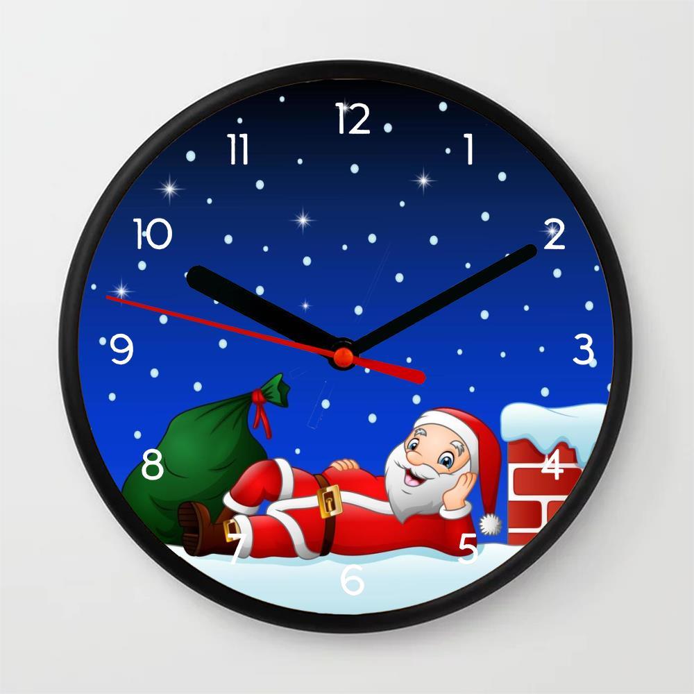 Jam Dinding Santa Claus yang lucu di cerobong asap atap rumah dengan sekantong hadiah