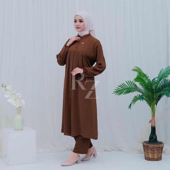olfc- Setelan Tunik Wanita Panjang Bahan Crinkle Airflow Ld120Cm Premium Baju Celana