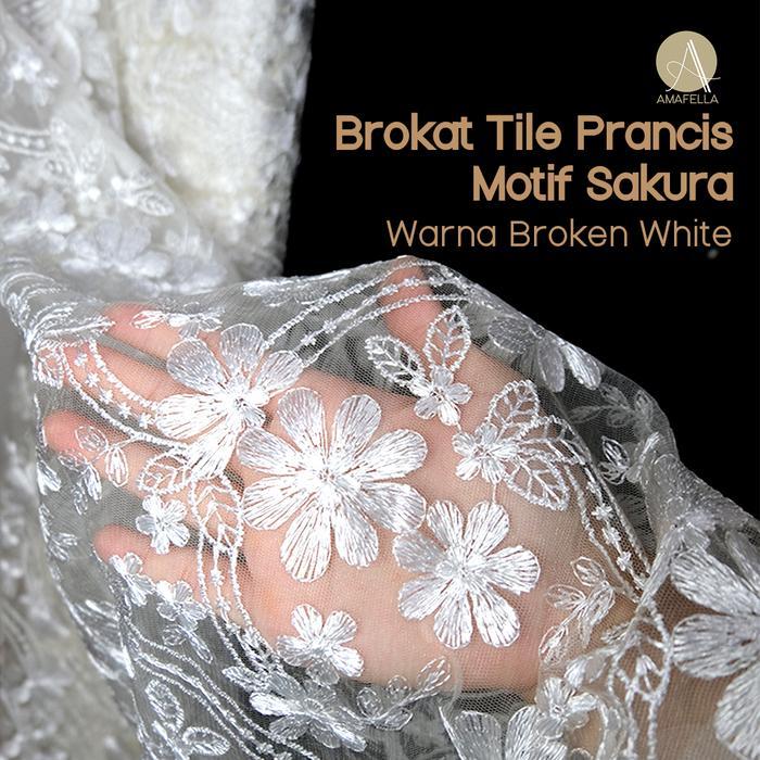 1/2 meter Kain Brokat Tile Prancis Motif Sakura Broken White