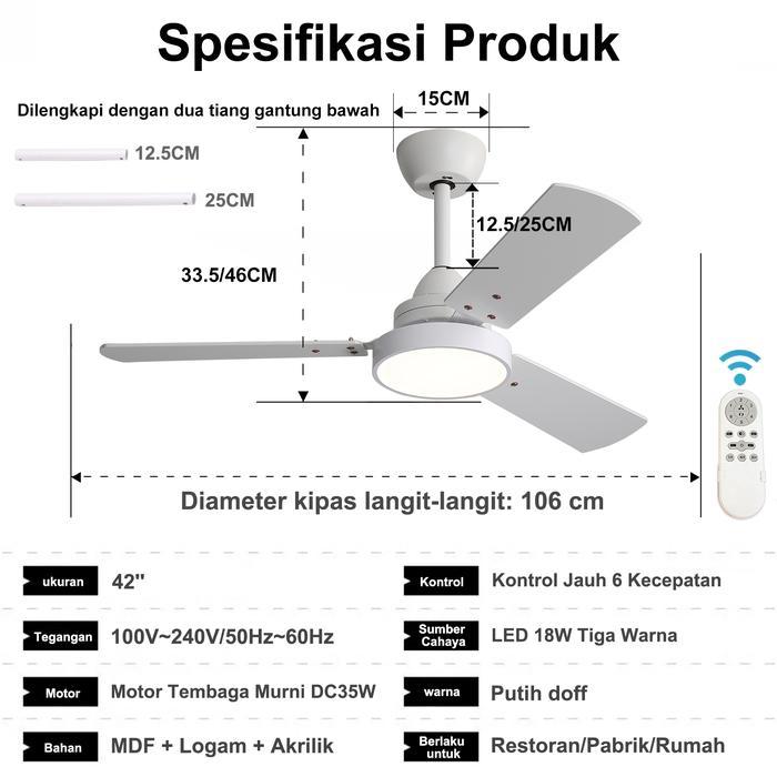 Kipas Angin Plafon 42 Inci dengan Lampu LED 18W Motor DC 3 Baling MDF Senyap Remote 6 Kecepatan 3 Wa