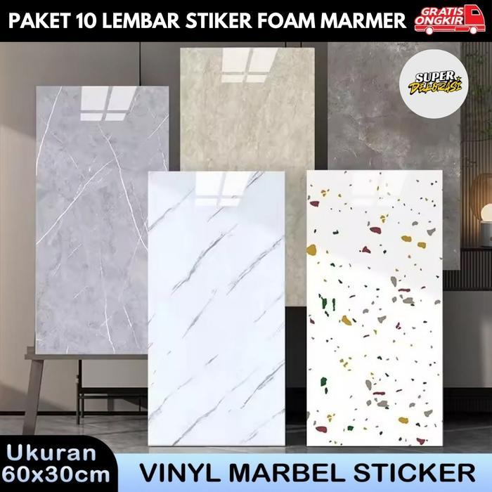Terlaris Paket 10 Lembar Wallpaper Stiker Dinding Vinyl Foam Sooku Marmer Hitam 30 x 60 cm 0,3cm