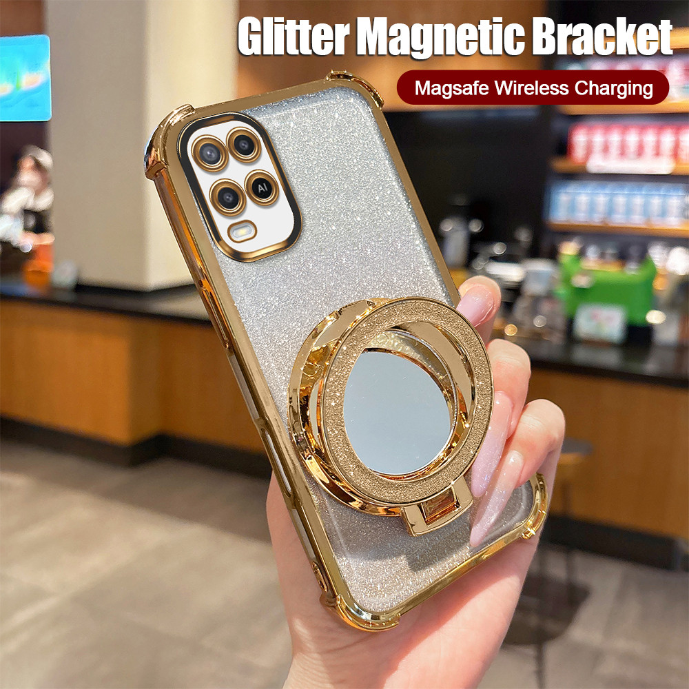 Casing HP Softcase Anti Jatuh Bening Glitter Magnetic Stand Cermin Untuk Case OPPO A54 2021 4G Murah