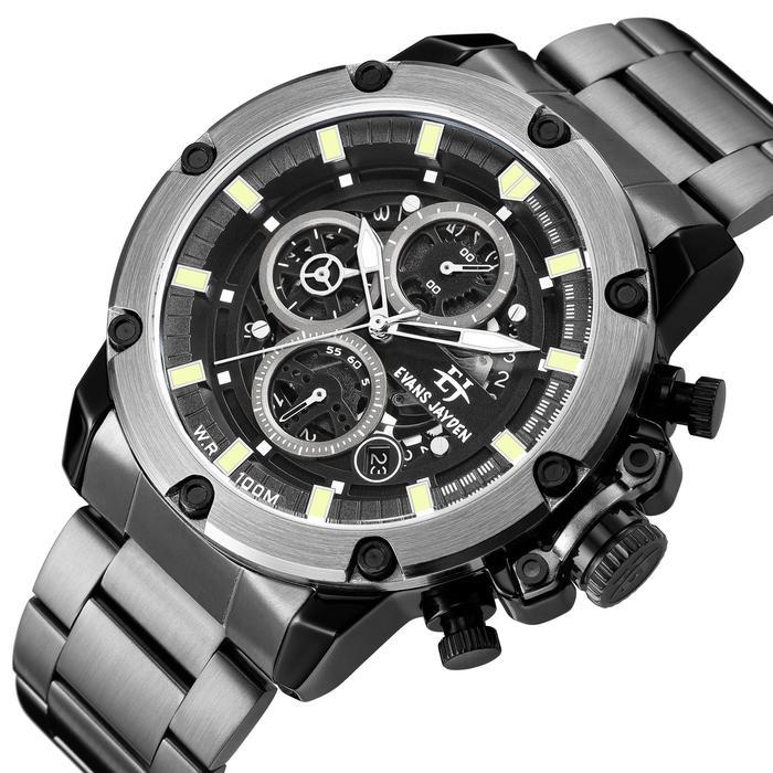 Evans Jayden Jam Tangan Pria 9570 Rantai Stainless Steel Chronograph Kaca Sapphire Water Resistant