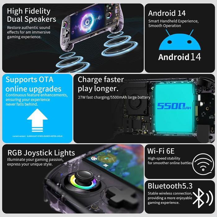 ANBERNIC RG557 12GB 256GB Handheld Gaming Android 14 UFS4.0 Layar AMOLED 5.48 Inch Emulator PS2 Wii