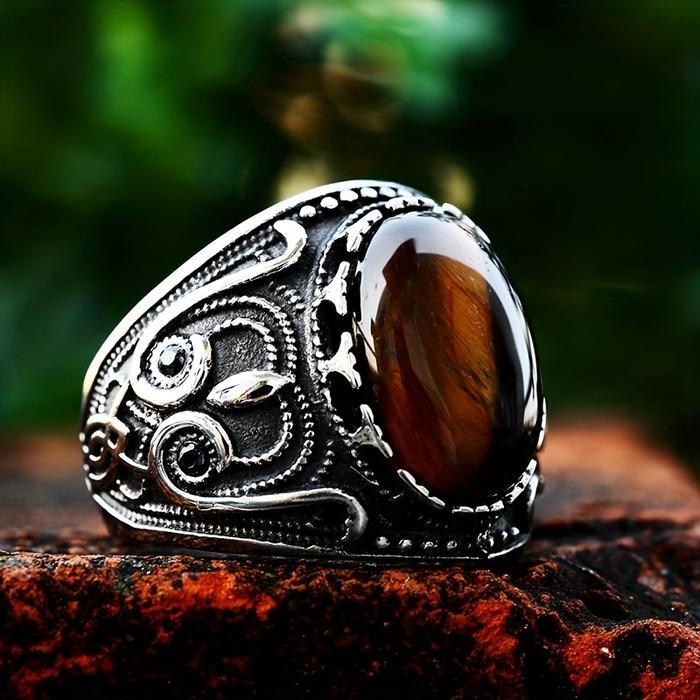 Cincin Keren Mata Harimau Coklat Original Buatan Pria Keren Cincin Perak Perak Elang Hitam Totem