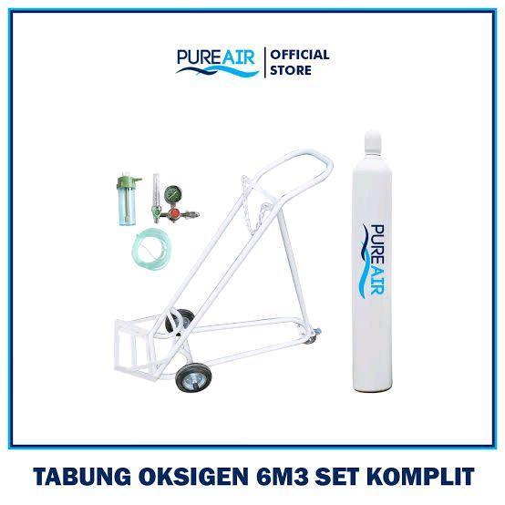 Tabung Gas Oksigen O2 medis 6 kubik + Isi + Troli + regulator + selang nasal