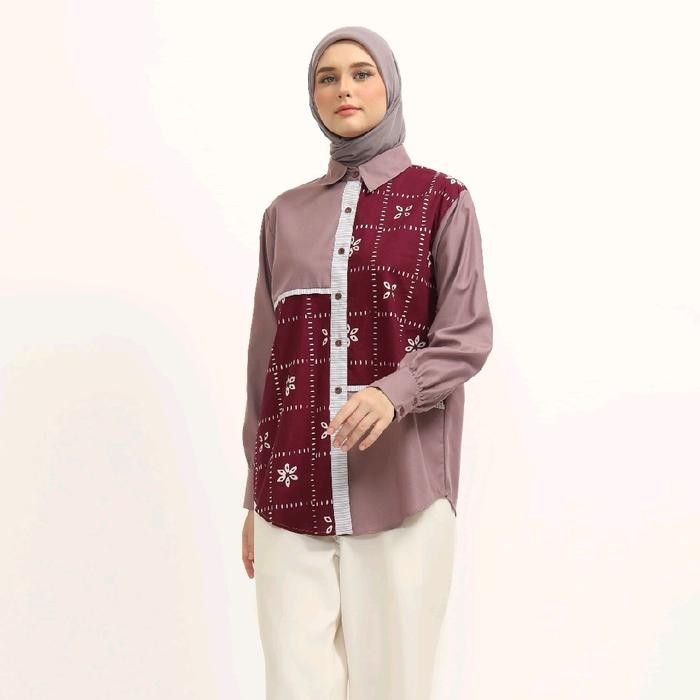 Saiara Bianca Dusty Purple Kemeja Batik Kombinasi Katun Toyobo