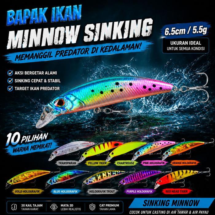 6.5cm/5.5g Umpan Lure Minnow Slow Sinking Fishing Bait Set Tackle Lure For Fishing Swim Bait Lure