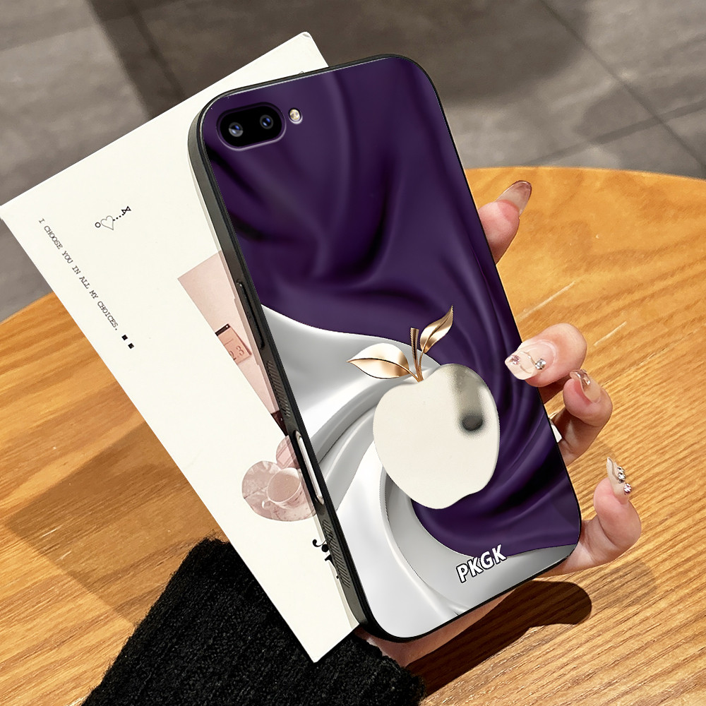 Casing Hp Untuk OPPO A3S A12E Luxury Satin Wrinkle Phone Case Metal Silver Apple Logo Print Hard PC 