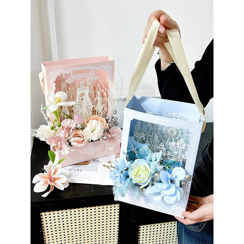 1pcs 3D Paper Handheld Gift Box 3D Relief Castle Flower Box Paper Carved Ferris Wheel Flower Bouquet