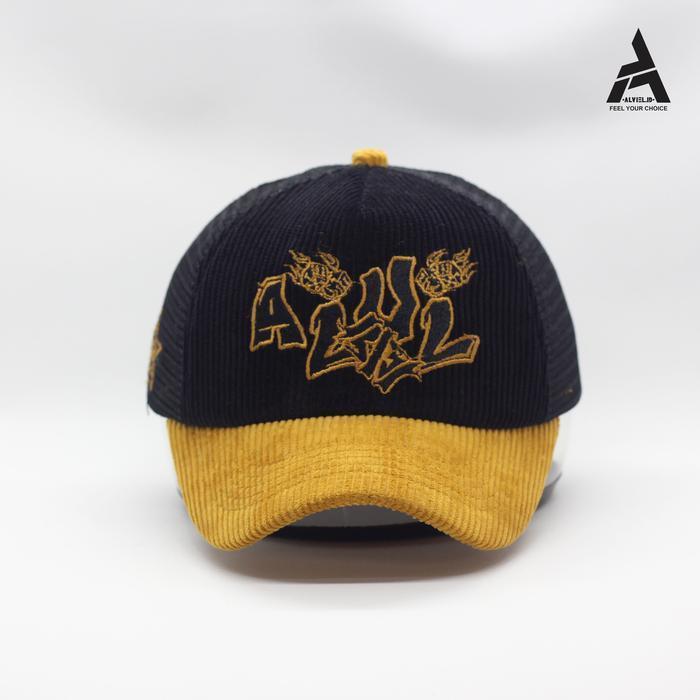 ALVIEL - Topi Trucker Corduroy Jaring Hitam Camel