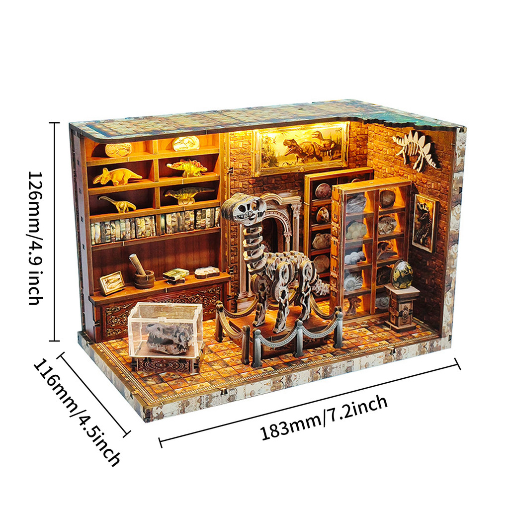 3d wooden puzzle for adults Dinosaur Laboratory book nook with lights model kit dollhouse DIY