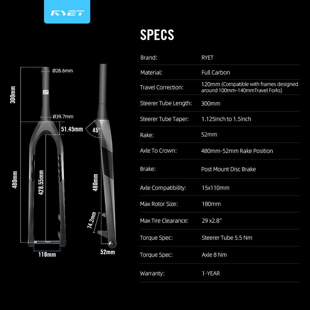 2025 RYET MTB Fork 29er Thru Axle 15x110mm Ultralight Carbon Mountain Bicycle Forks 120mm Travel