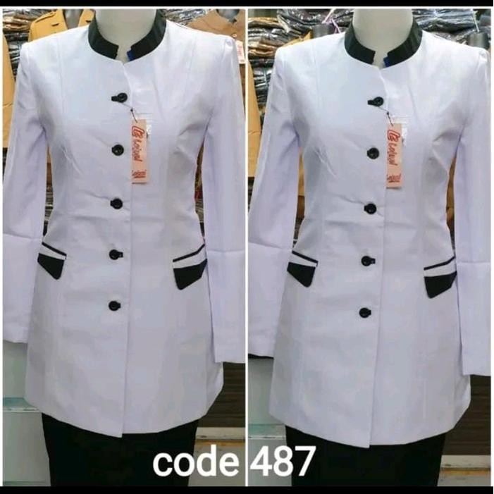 Bisa E-Katalog Baju Stelan Hitam Putih Lis Kerah Sanghai Seragam Kantor Wanita Stelan Guru Wanita