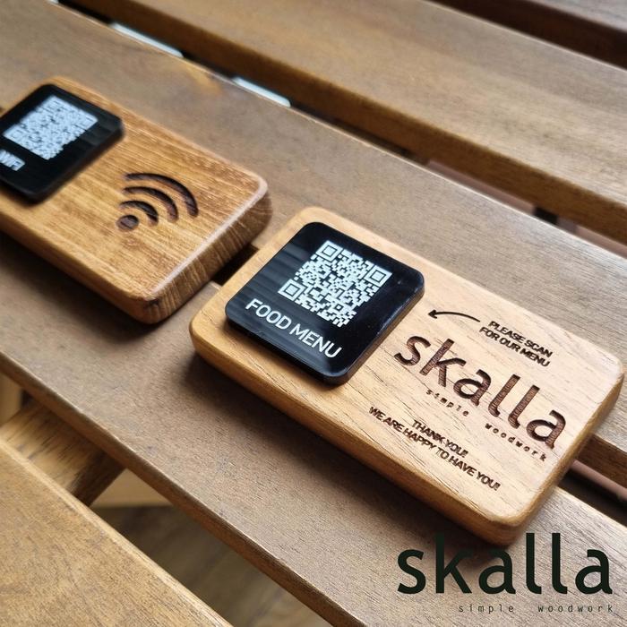 Skalla Wooden Qr Code Stand Sign Menu Wifi Kayu Resto Cafe Hotel Barcode Signage Meja Custom Kyltti