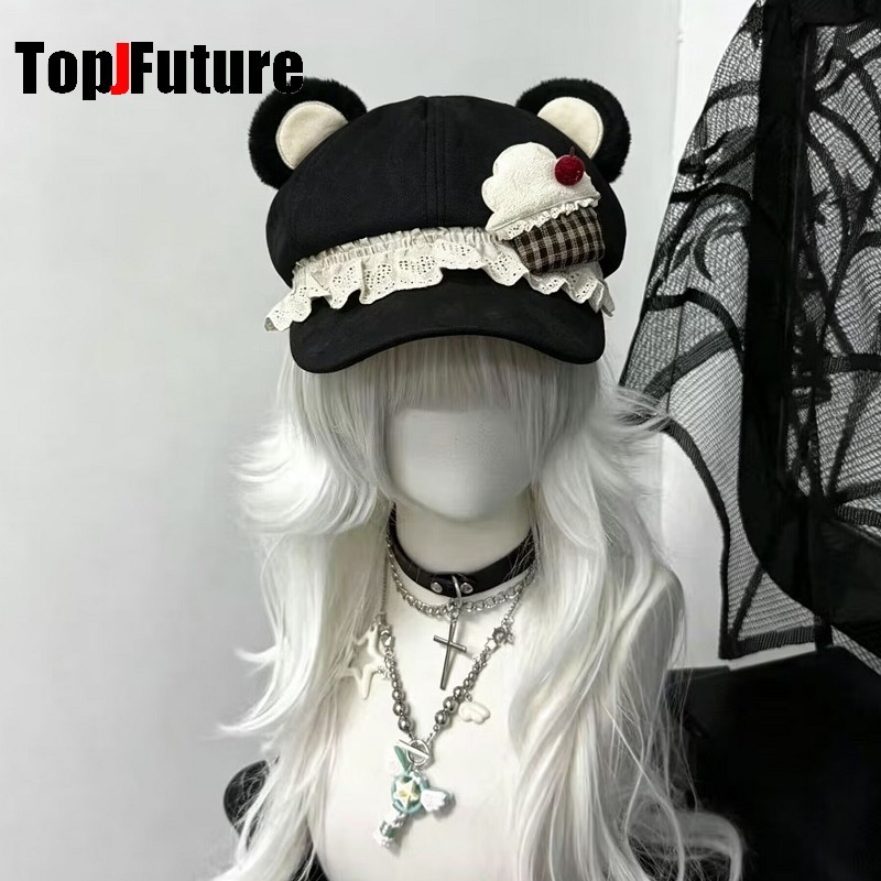 Japanese Subculture Y2K Yami Kawaii Girl Bear Ear Cap Mass-produced look Lace Face Slimming Baseball