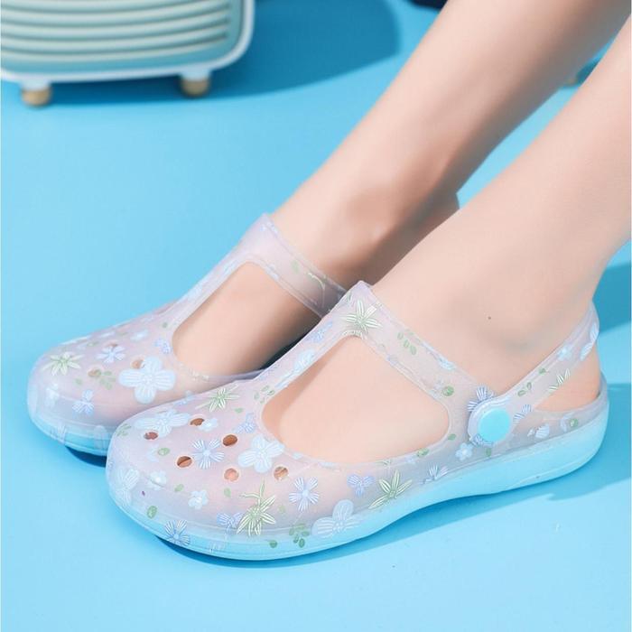Veblen Official Store Sendal Sepatu Motif Bunga Bahan Jelly Bening Transparan Coklat Karet Pink