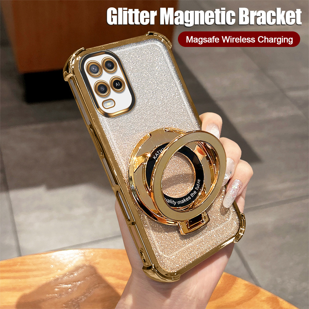 Casing HP Softcase Anti Jatuh Bening Glitter Magnetic Stand Cermin Untuk Case OPPO A54 2021 4G Murah