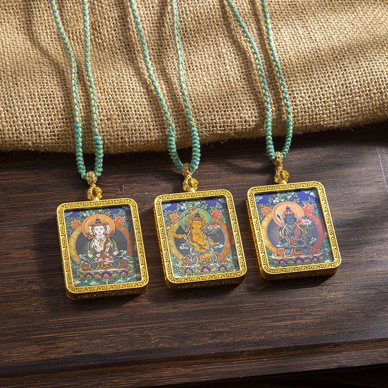 Tibetan Alloy Gawu Pendant Necklace, Hand-Painted Zodiac Guardian Buddha Thangka Amulet, Vintage