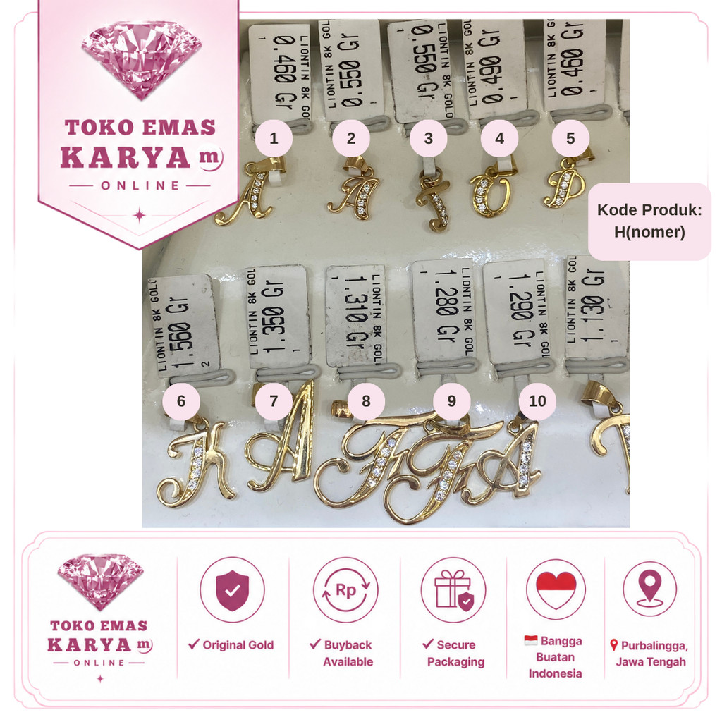 H10 Liontin Kalung Wanita Emas Asli 8K Tahan Karat Toko Mas Karya Model Inisial Huruf A