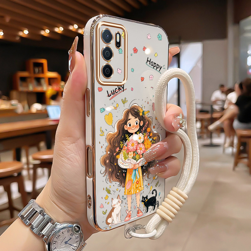 Casing Untuk OPPO A16 A16s A54s Case Casing pola gadis motif bunga kecil Kesing Sisi Electroplating 