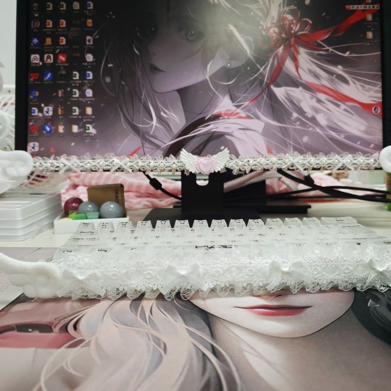 Cute Angel Wing Lace Keyboard Ribbon Bow Pearl Decor Strap Universal Mechanical Keyboard Front Edge