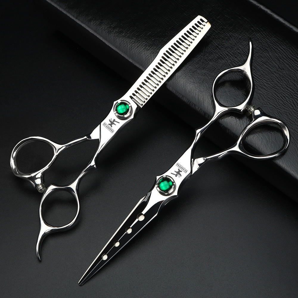 XUANFENG VG10 Steel Emerald Screw Silver Hair Scissors Barber Cutting Scissors and Thinning Scissors