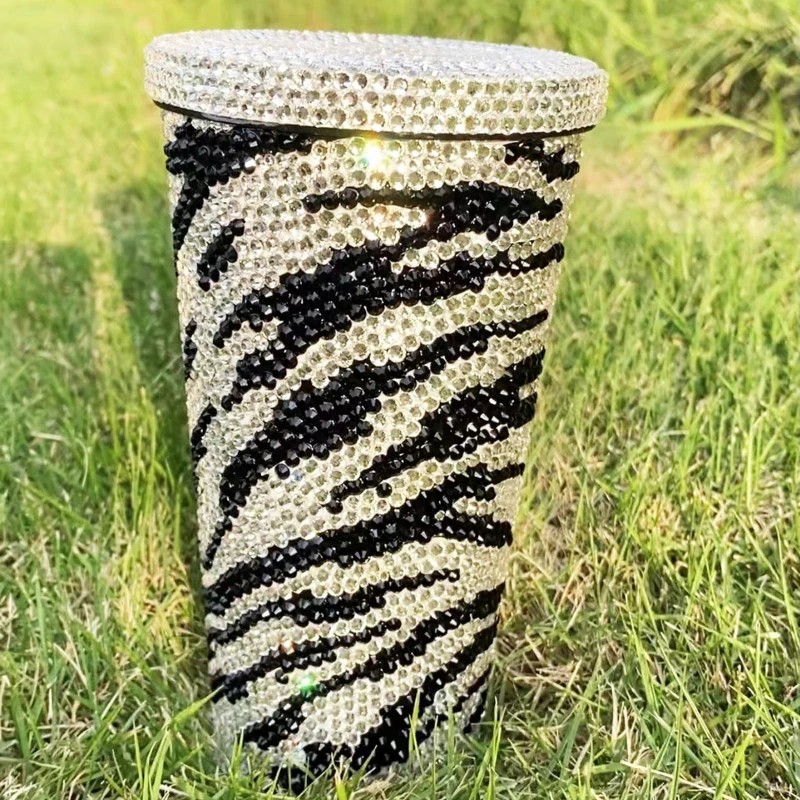 500ml Zebra Stripes Rhinestone Tumbler Cup with Straw Car Coffee Mug Flask Leopard Print Thermos Sta