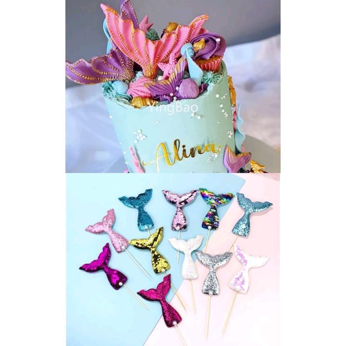 Topper Ekor Mermaid, Hiasan Kue Ekor Mermaid Tail, Manik Kilap