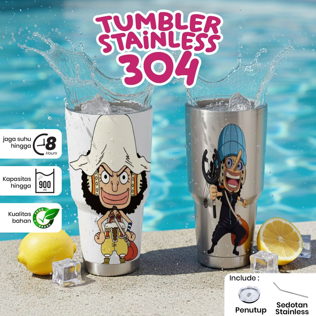 tumbler stainless steel 304 kapasitas 900ml dengan karakter Usopp One Piece, menjaga suhu hingga 8 j