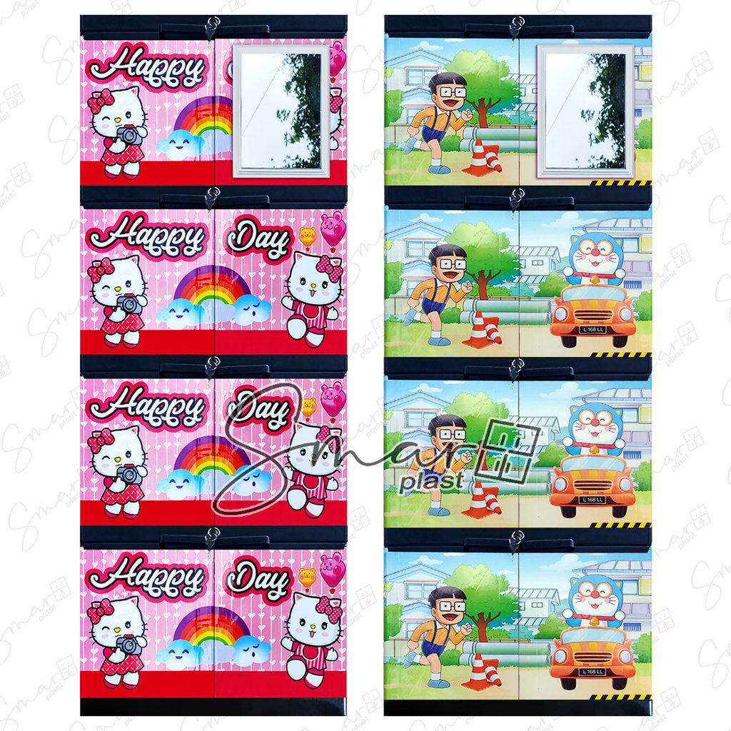 Lemari Plastik 3 4 Susun Tingkat Model Rak Mini Jumbo Kaca Full Kunci Karakter Doraemon Hello Kitty