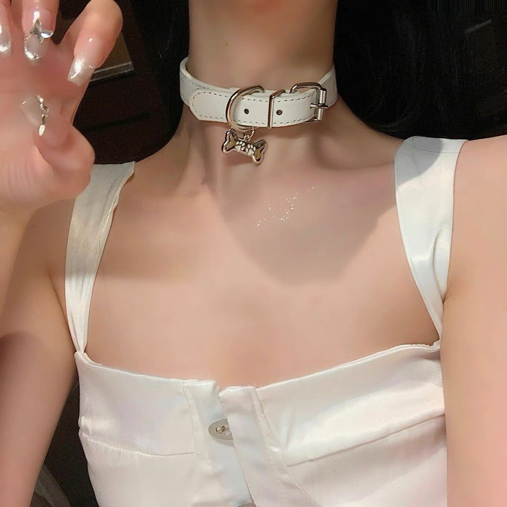 Y2K Leather Collar Spicy Girl Puppy Bone Choker Necklace Leash-inspired Punk Neck Torques Women's