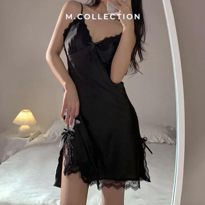{M COLLECTION} Dress Lingerie Mini Bahan Sutra Baju Tidur Daster Piyama Free Size