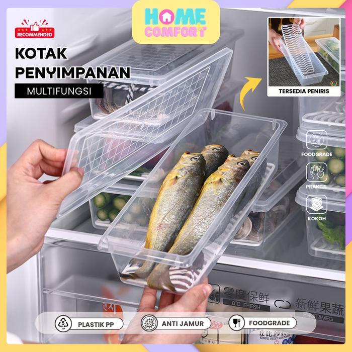 Tempat Penyimpanan Makanan Kulkas Transparan Rak Saringan Anti Air Wadah Buah Sayur Daging Food